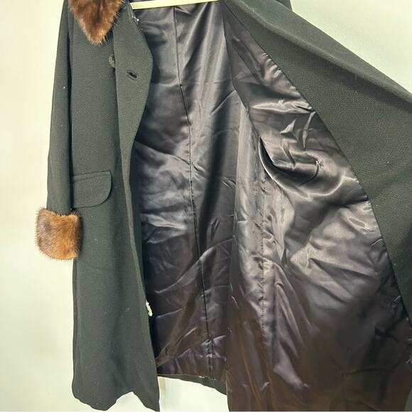 Vintage I. J. Fox Cleveland Workers Union Black Wool Coat Faux Fur Trim Large - Picture 8 of 11